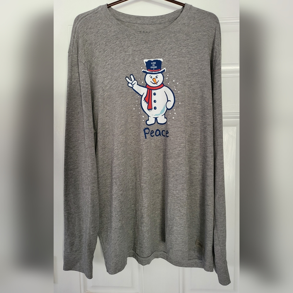 Life Is Good Crusher Men's XL Extra Large Gray Long Sleeve Shirt Snowman Peace
